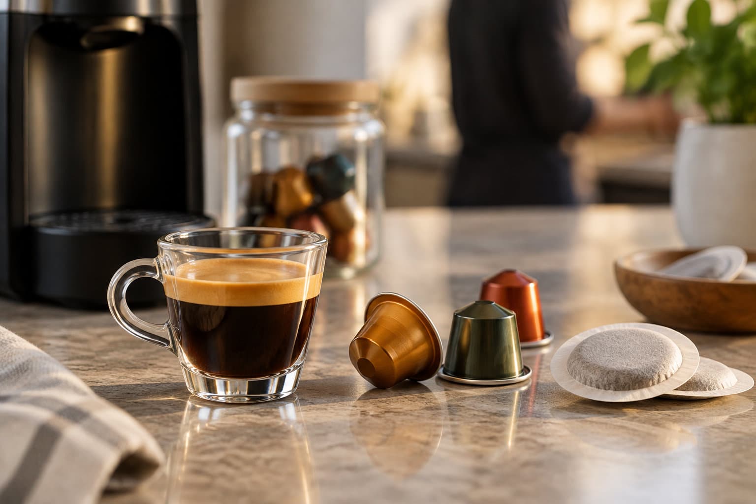 Une tasse en verre remplie de café est posée sur un comptoir, près de capsules métalliques et de dosettes de café en papier.