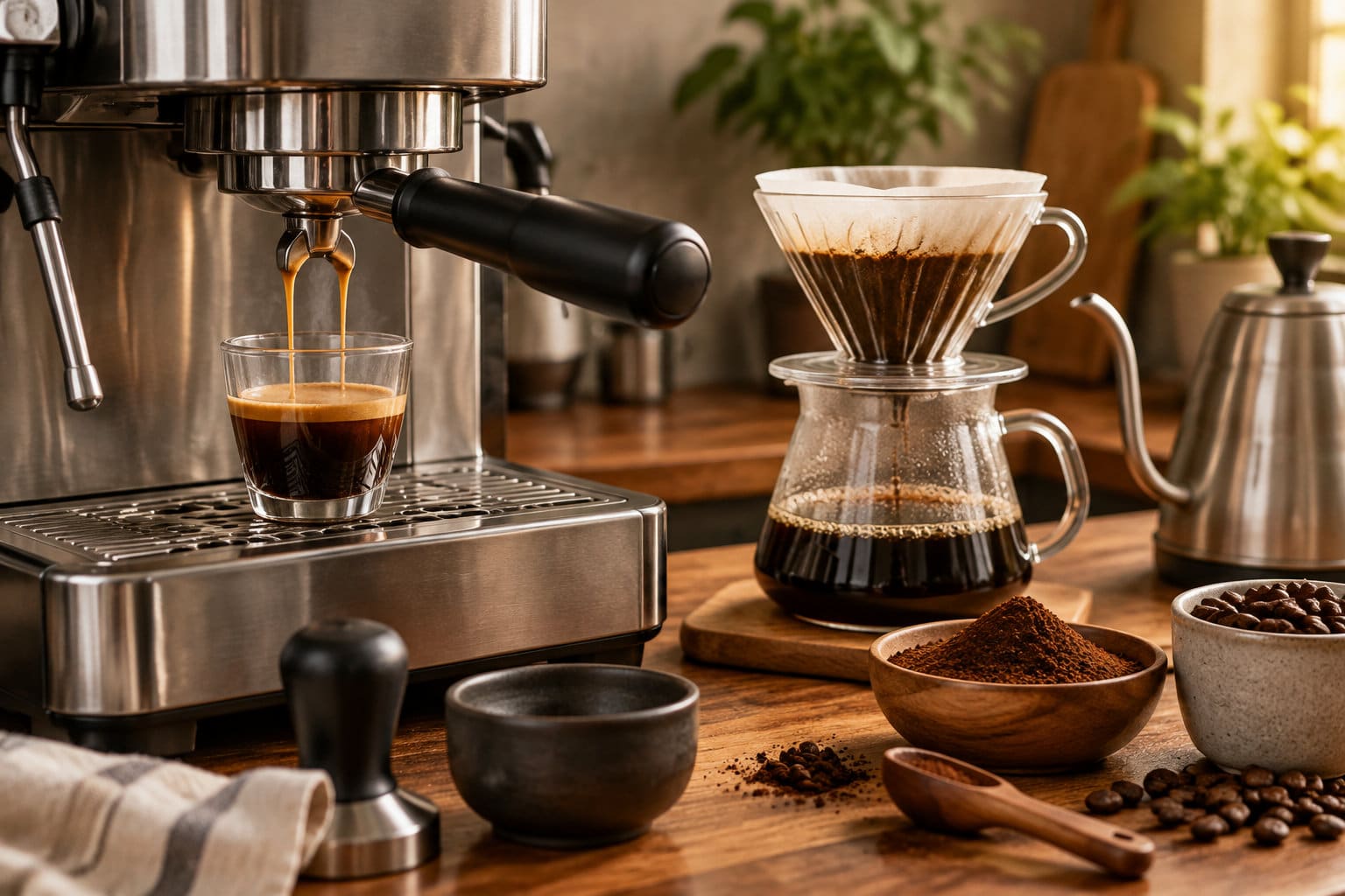 Une machine &agrave; espresso verse du caf&eacute; dans un petit verre, &agrave; c&ocirc;t&eacute; d&rsquo;un filtre &agrave; caf&eacute; sur une carafe, d&rsquo;une bouilloire et de bols de caf&eacute; moulu et de grains sur un plan de travail en bois.