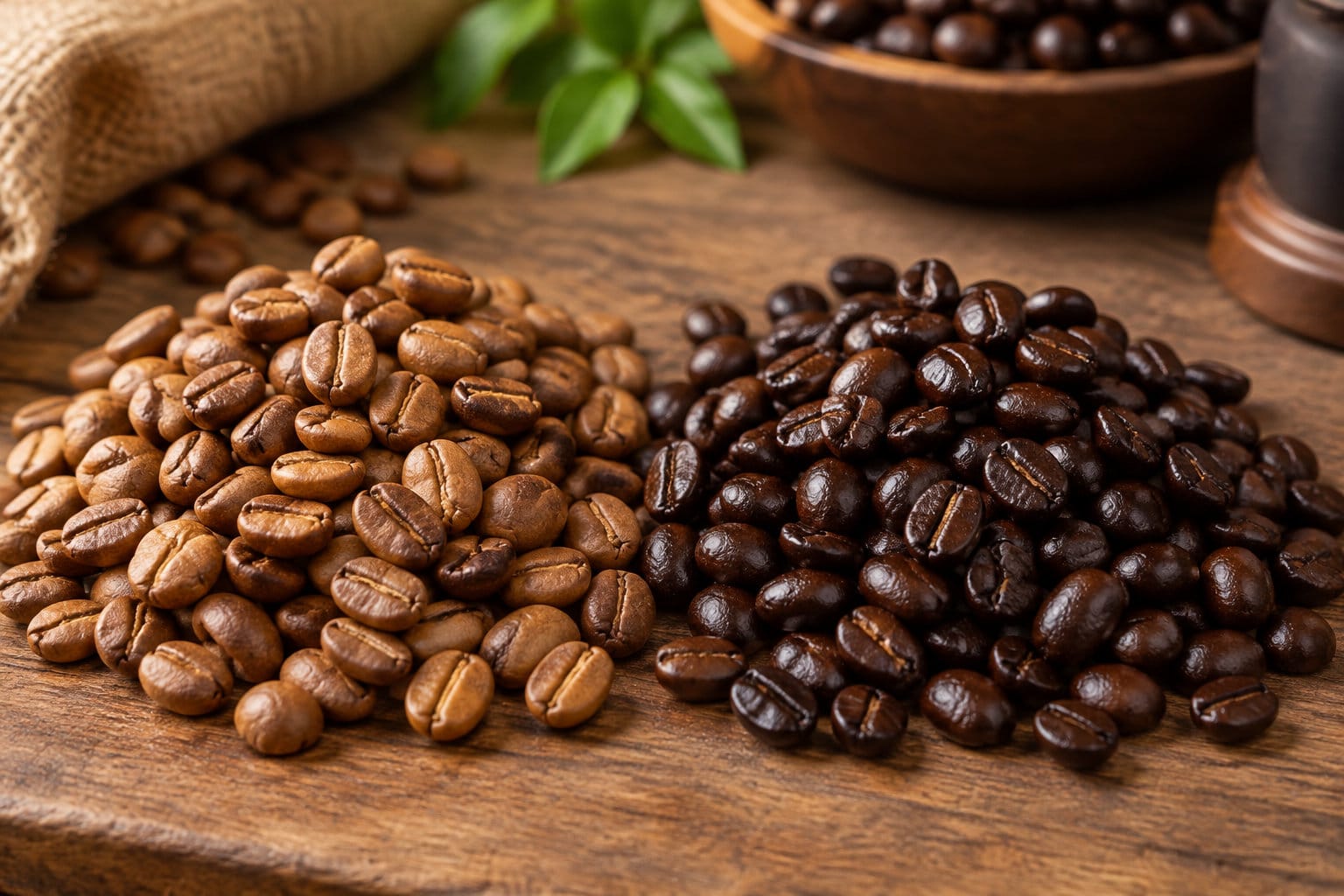 Deux tas de grains de caf&eacute;, clairs et fonc&eacute;s, sont pos&eacute;s sur une table en bois, avec un bol de grains &agrave; l&rsquo;arri&egrave;re.