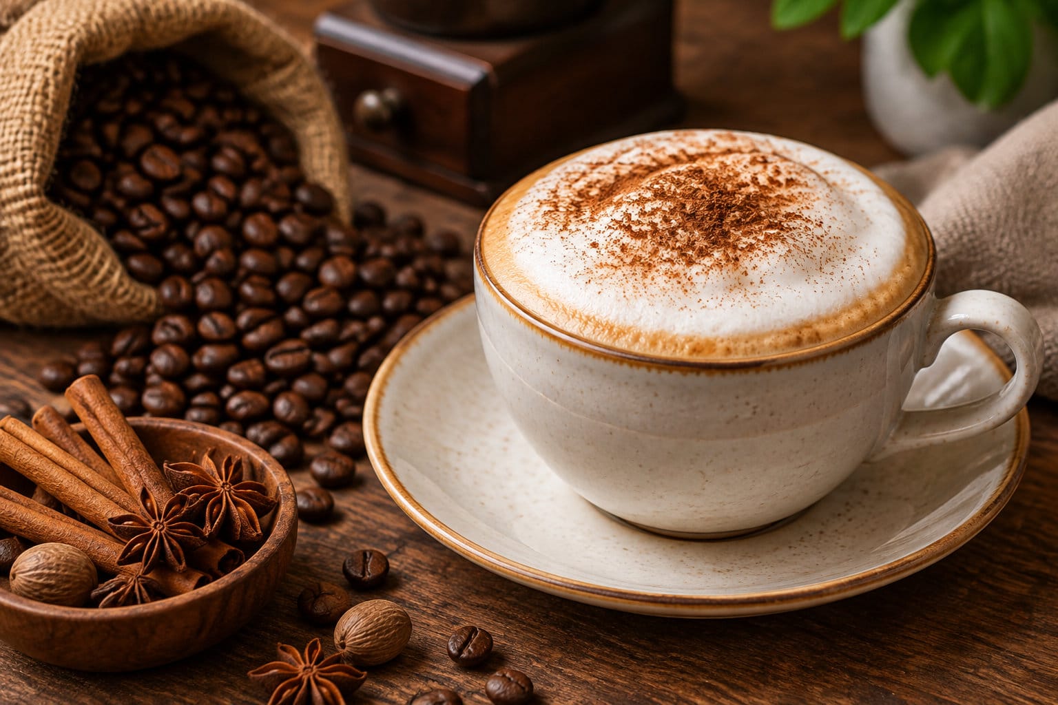 Une tasse de caf&eacute; mousseux saupoudr&eacute; d&rsquo;&eacute;pices repose sur une soucoupe, pr&egrave;s de grains de caf&eacute;, de b&acirc;tons de cannelle et d&rsquo;anis &eacute;toil&eacute;.