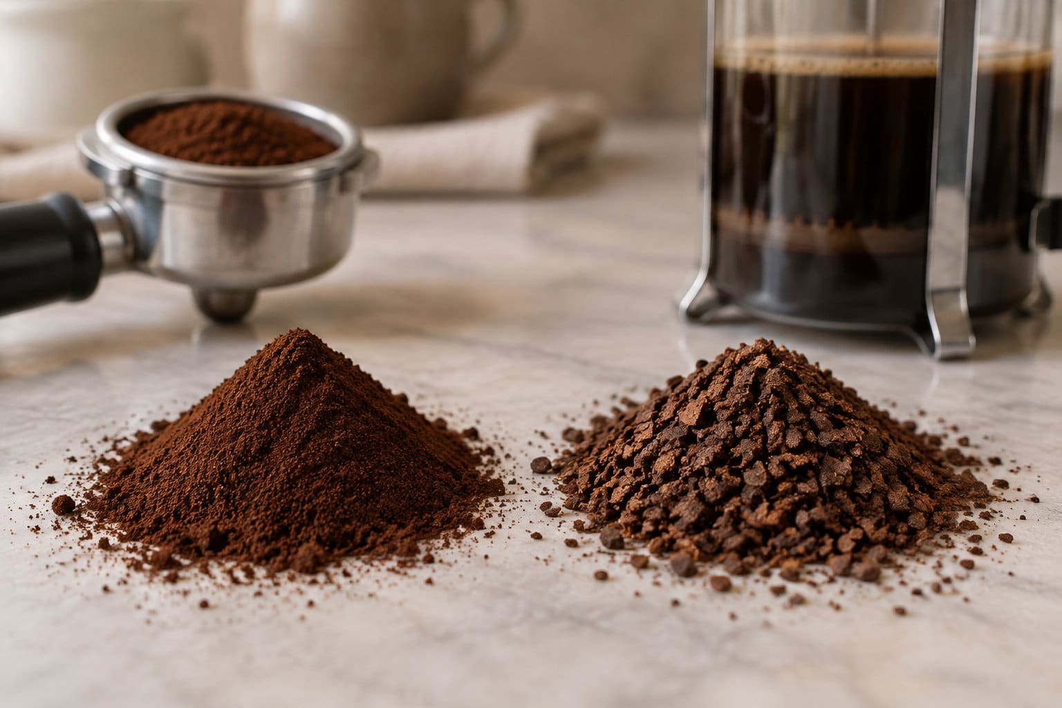Deux tas de café, l’un finement moulu et l’autre en grains concassés, sont posés devant un porte-filtre et une cafetière à piston.