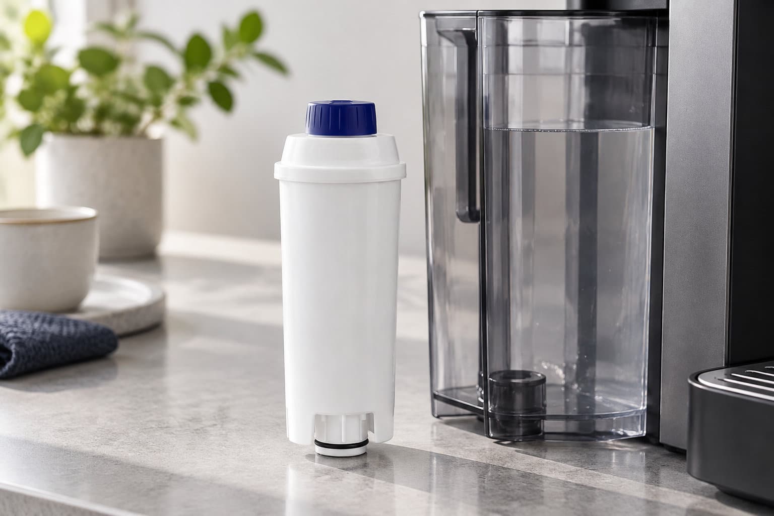 Une cartouche filtrante blanche &agrave; bouchon bleu est pos&eacute;e devant le r&eacute;servoir transparent d&rsquo;une machine &agrave; caf&eacute;, sur un plan de travail.