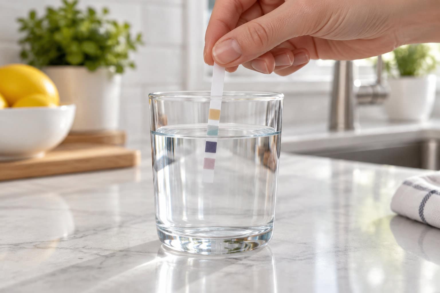 Une main plonge une bandelette à plusieurs plages colorées dans un verre d’eau posé sur un comptoir de cuisine.