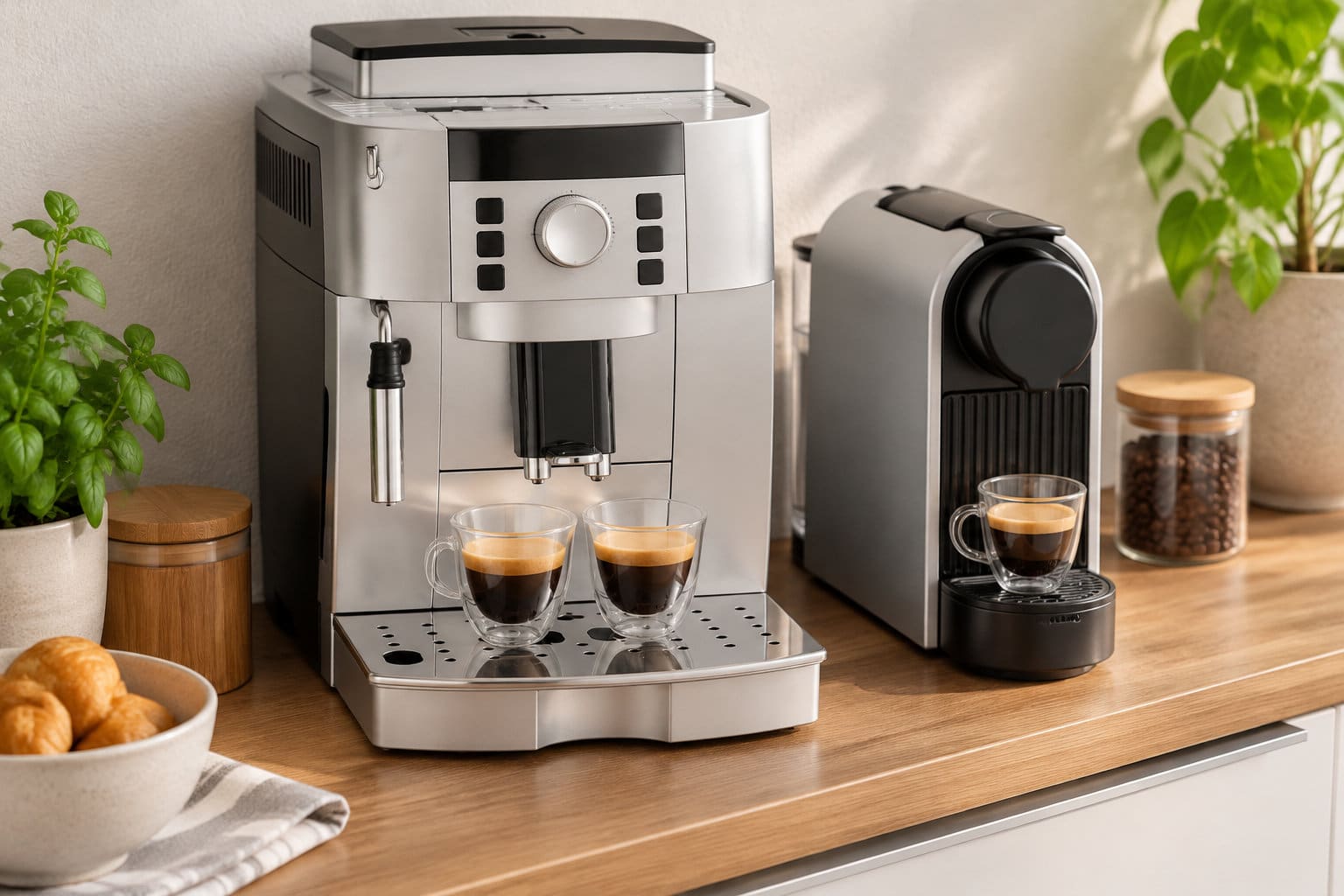 Deux machines &agrave; caf&eacute; sont pos&eacute;es sur un plan de travail en bois, avec trois tasses d&rsquo;espresso, des bocaux, des plantes et un bol de viennoiseries.