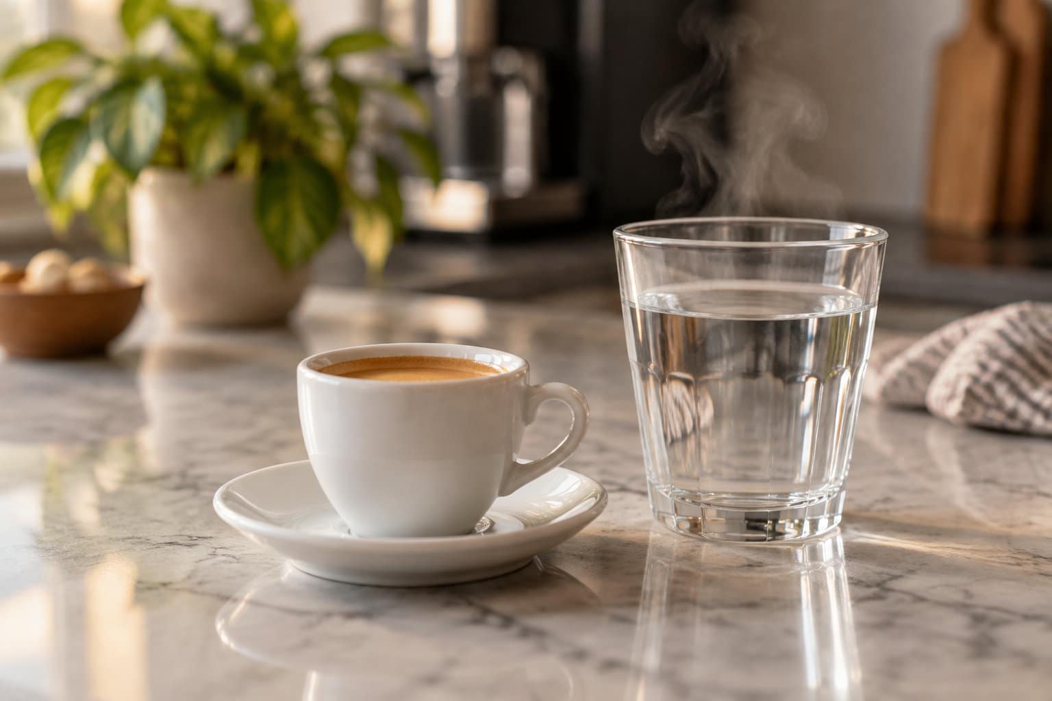 Une tasse de caf&eacute; fumant pos&eacute;e sur une soucoupe se trouve &agrave; c&ocirc;t&eacute; d&rsquo;un verre d&rsquo;eau sur un comptoir de cuisine.