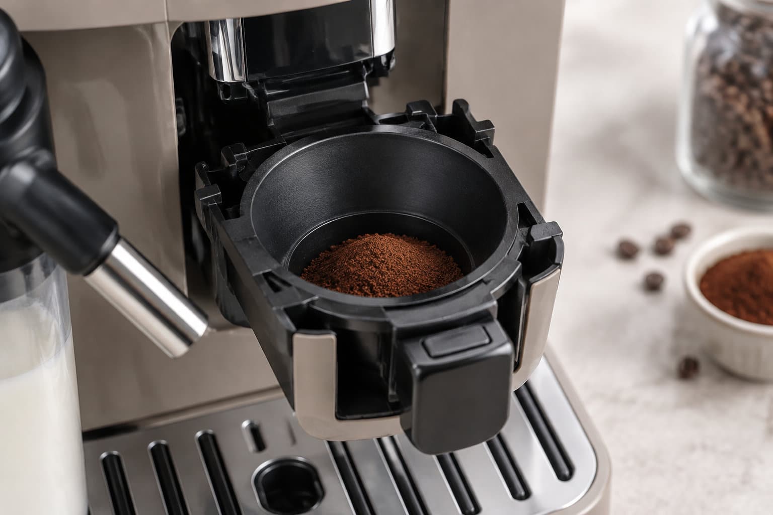 Un bac noir d’une machine à café contient du café moulu, avec des grains de café et une tasse de poudre à café posés sur le comptoir à côté.