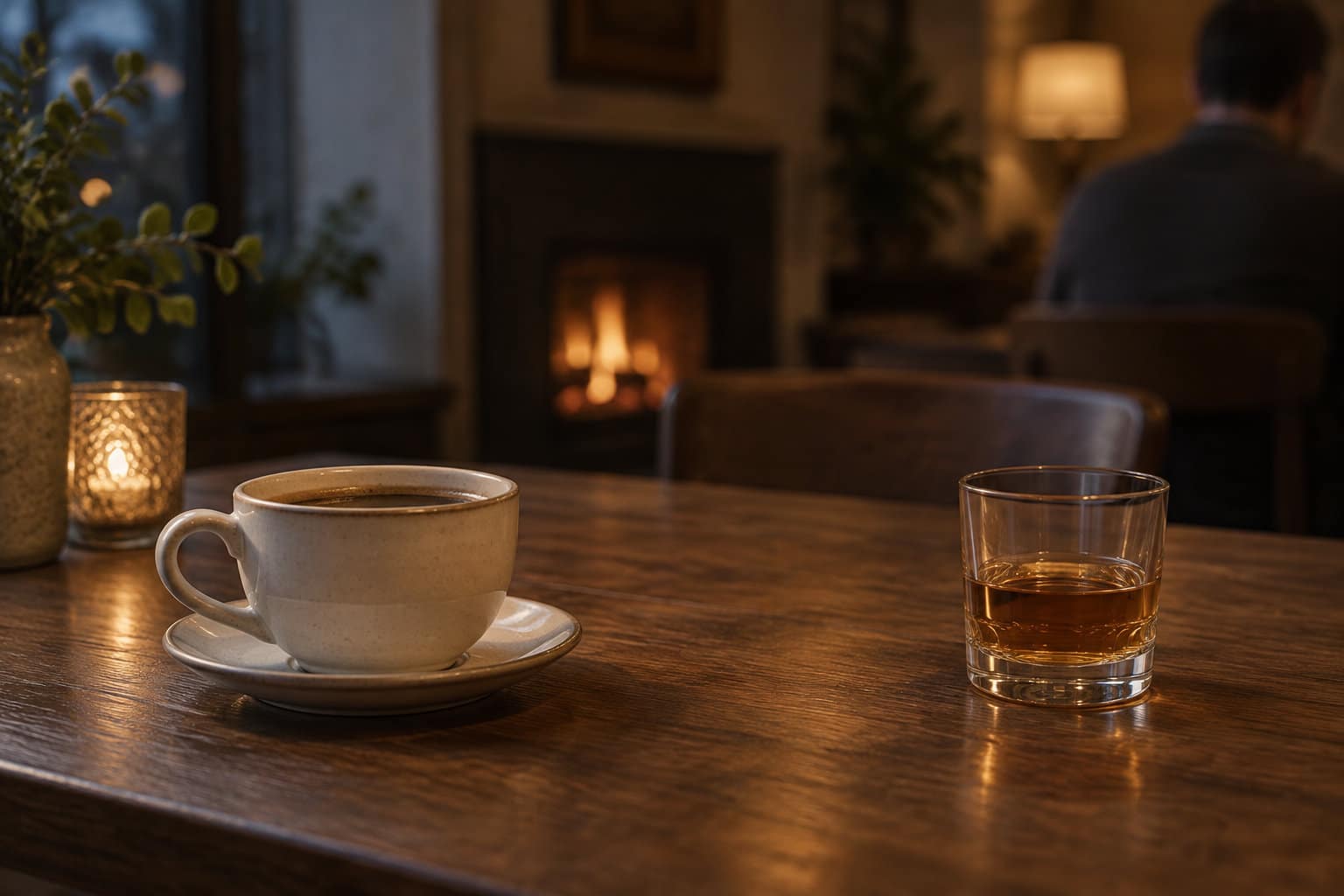 Une tasse de caf&eacute; et un verre contenant une boisson ambr&eacute;e sont pos&eacute;s sur une table en bois, devant une chemin&eacute;e allum&eacute;e.
