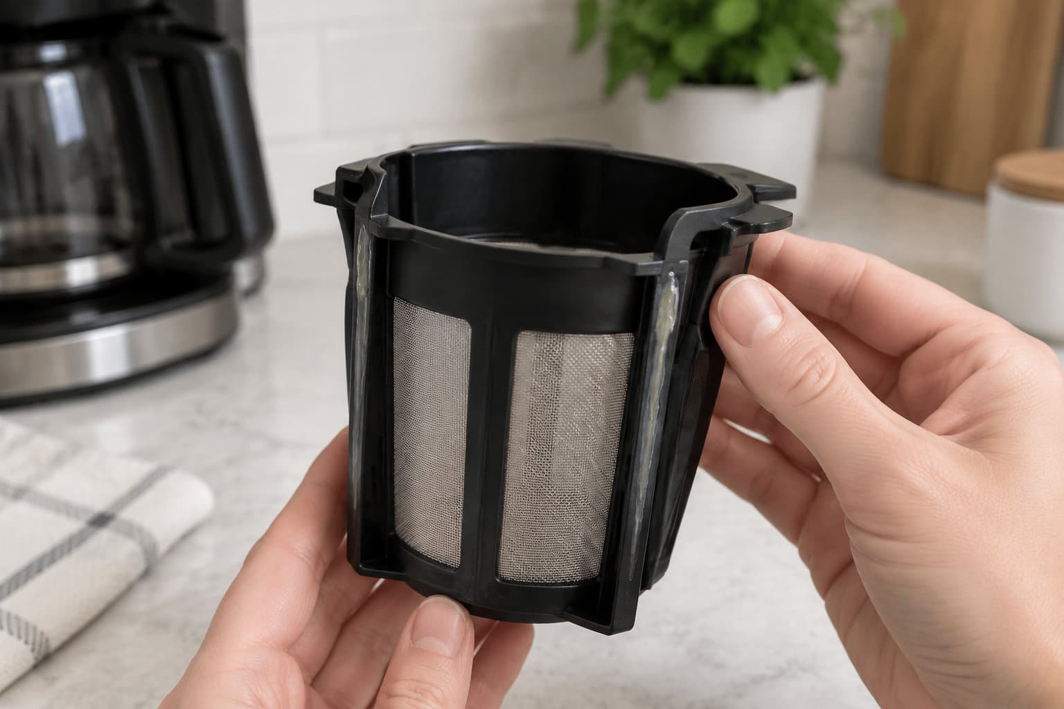 Deux mains tiennent un filtre &agrave; caf&eacute; r&eacute;utilisable noir devant une cafeti&egrave;re pos&eacute;e sur un plan de travail.