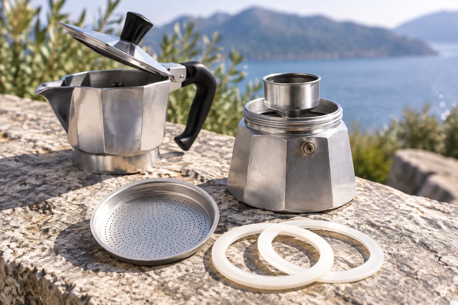 Une cafetière moka est démontée sur une table en pierre, avec son filtre, son panier et ses joints posés à côté, face à un paysage de montagne et de lac.