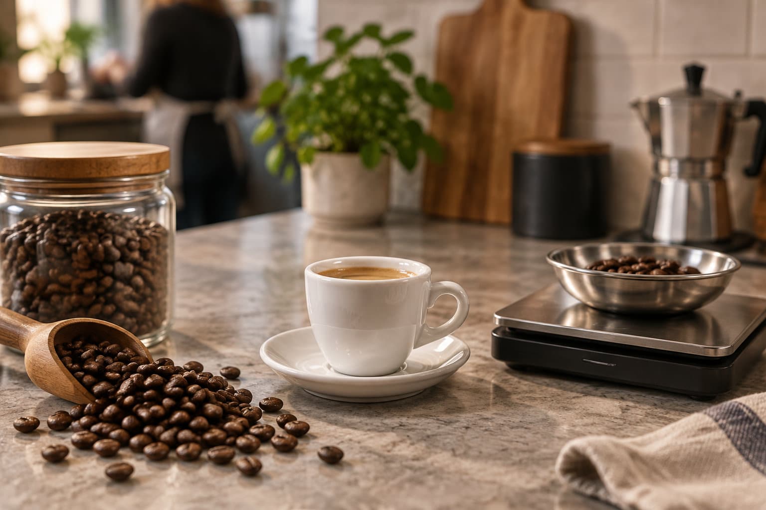Une tasse de caf&eacute; pos&eacute;e sur une soucoupe se trouve entre un bocal et une pelle remplis de grains de caf&eacute;, et une balance surmont&eacute;e d&rsquo;un bol de grains, dans une cuisine.