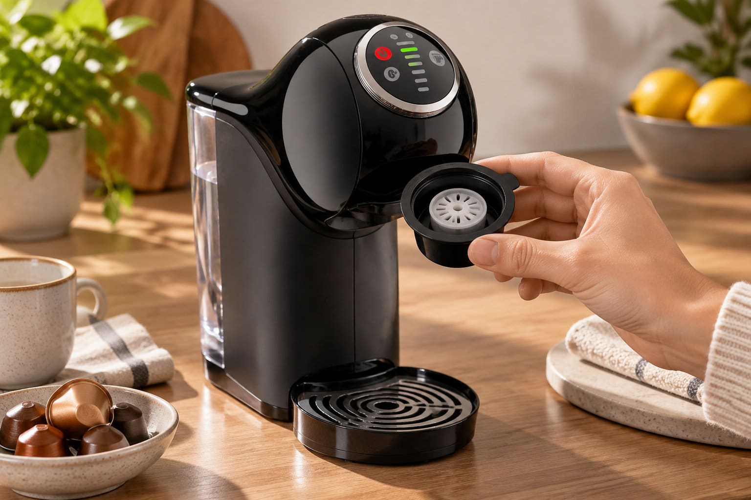 Une main tient une pièce amovible devant une cafetière à capsules posée sur un plan de travail, près d’une tasse et d’un bol de capsules.