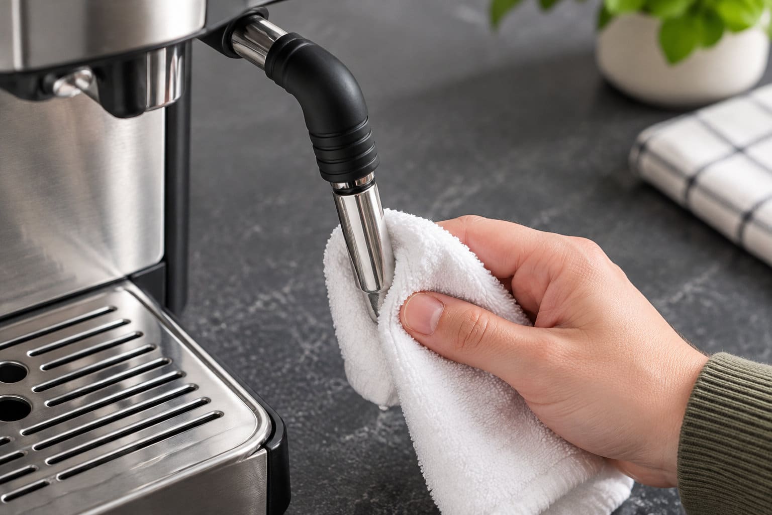 Une main essuie avec un chiffon blanc la buse vapeur m&eacute;tallique d&rsquo;une machine &agrave; caf&eacute; en inox, pos&eacute;e sur un plan de travail sombre.