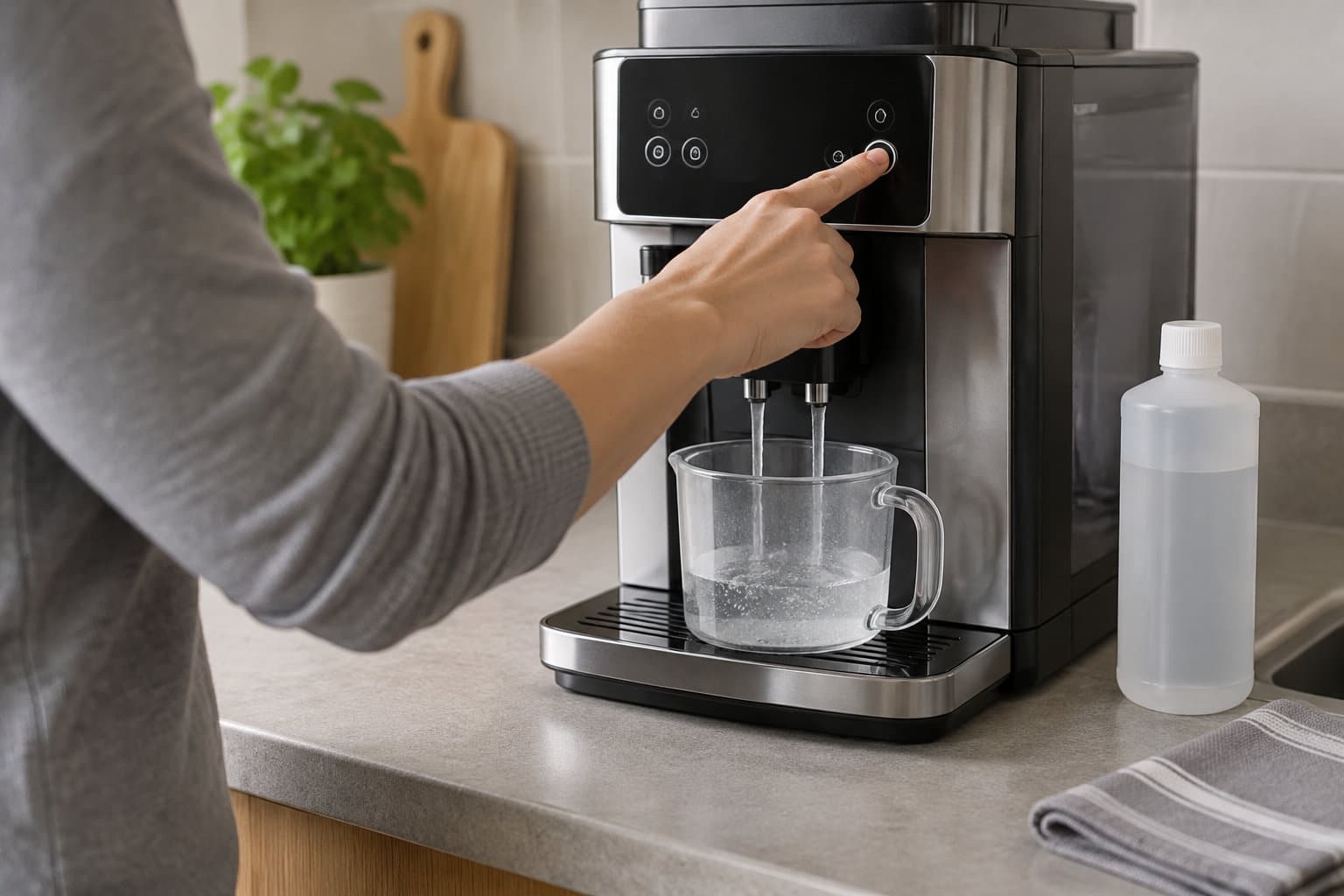 Une personne appuie sur le panneau tactile d&rsquo;une machine &agrave; caf&eacute; tandis que de l&rsquo;eau coule dans une tasse en verre, avec une bouteille pos&eacute;e &agrave; c&ocirc;t&eacute;.