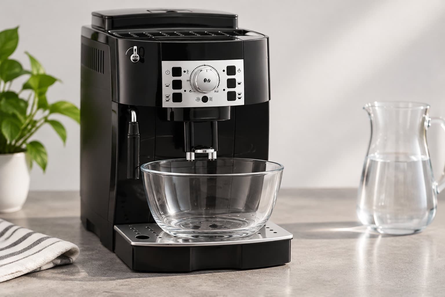 Une machine &agrave; caf&eacute; noire est pos&eacute;e sur un comptoir, avec un grand bol en verre dessous, une carafe &agrave; droite et une plante &agrave; gauche.