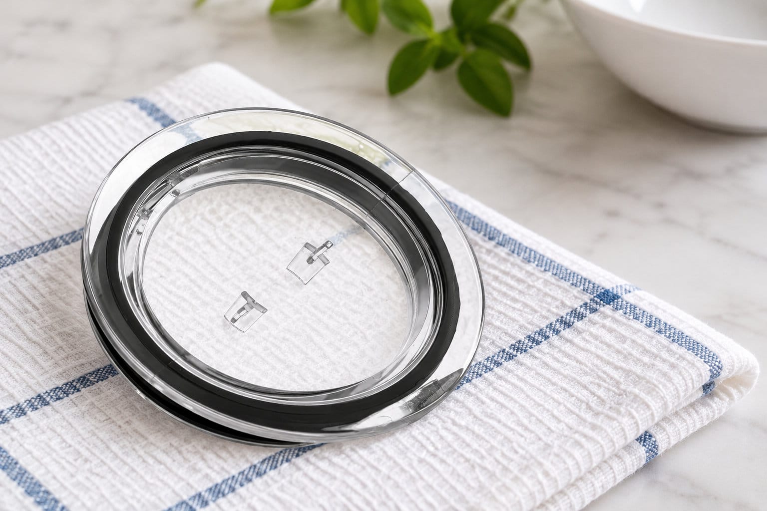 Un couvercle circulaire transparent avec un joint noir repose sur un torchon blanc &agrave; rayures bleues, sur un plan de travail en marbre.