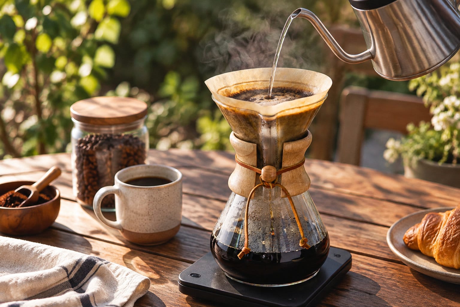Une cafeti&egrave;re &agrave; filtre re&ccedil;oit de l&rsquo;eau chaude vers&eacute;e d&rsquo;une bouilloire sur une table en bois, entour&eacute;e d&rsquo;une tasse, de grains de caf&eacute; et d&rsquo;un croissant.