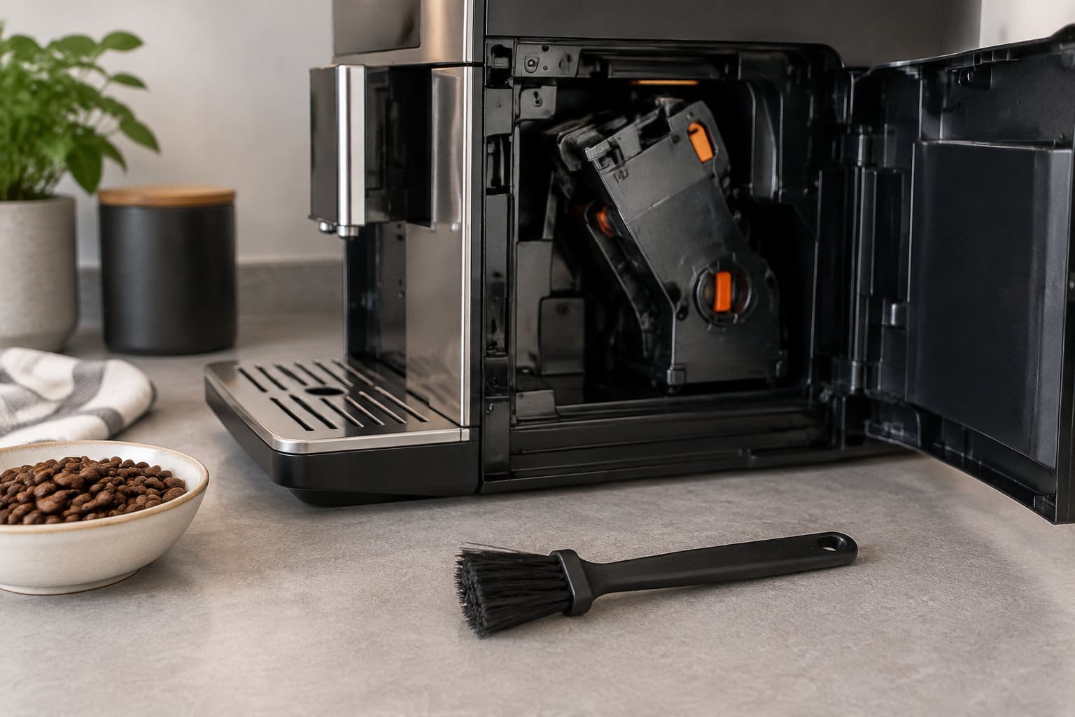Une machine &agrave; caf&eacute; automatique est ouverte, laissant voir son m&eacute;canisme int&eacute;rieur, avec une petite brosse de nettoyage et un bol de grains de caf&eacute; pos&eacute;s sur le comptoir.