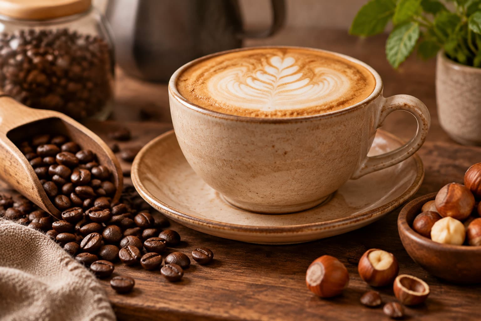 Une tasse de caf&eacute; latte orn&eacute;e d&rsquo;un motif en mousse est pos&eacute;e sur une soucoupe, entour&eacute;e de grains de caf&eacute; et de noisettes.