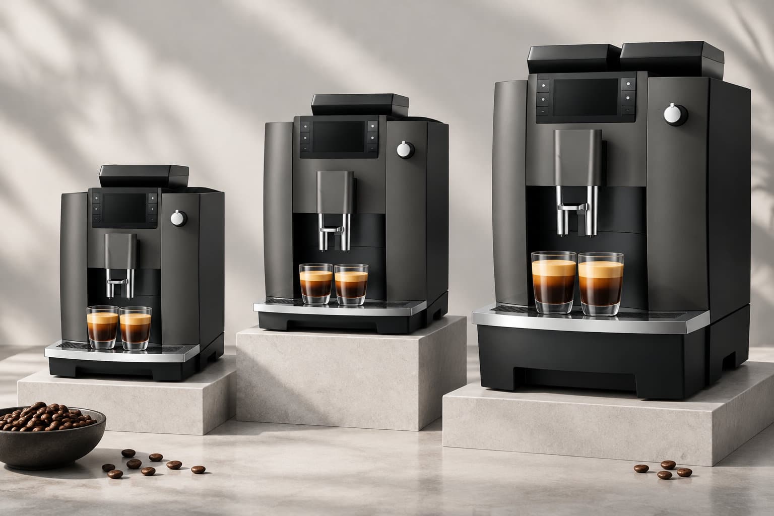 Trois machines &agrave; caf&eacute; noires de tailles diff&eacute;rentes, chacune avec deux tasses d&rsquo;espresso, sont dispos&eacute;es sur des socles clairs, pr&egrave;s d&rsquo;un bol et de grains de caf&eacute;.