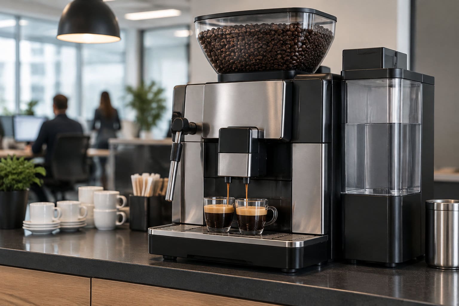 Une machine &agrave; caf&eacute; automatique pr&eacute;pare deux expressos sur un comptoir, avec des tasses et des personnes en arri&egrave;re-plan dans un bureau.