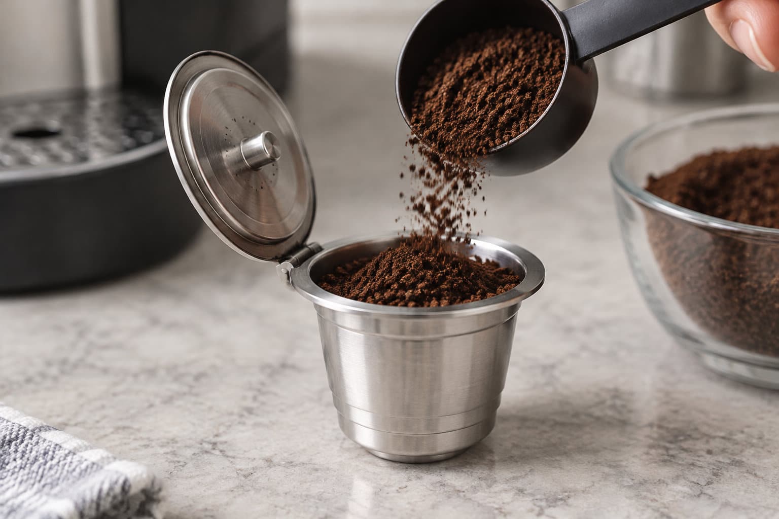 Une main verse du caf&eacute; moulu depuis une mesure dans une capsule m&eacute;tallique ouverte, pos&eacute;e sur un plan de travail.