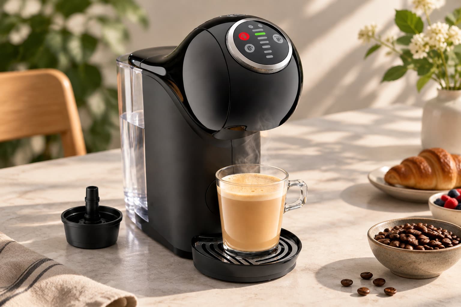 Une machine à café noire prépare une boisson chaude dans une tasse en verre, entourée de grains de café, de croissants et d’un bol de fruits rouges.