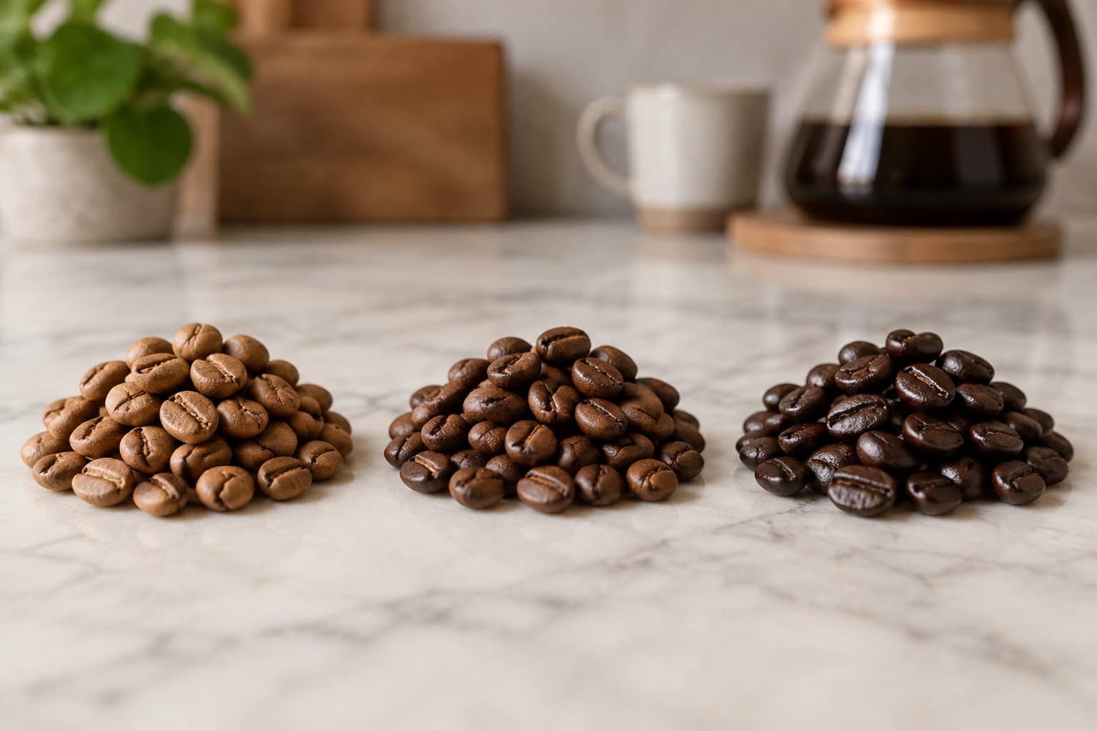 Trois tas de grains de caf&eacute;, de teintes allant du clair au tr&egrave;s fonc&eacute;, sont dispos&eacute;s sur un plan de travail en pierre, avec une tasse et une cafeti&egrave;re en arri&egrave;re-plan.