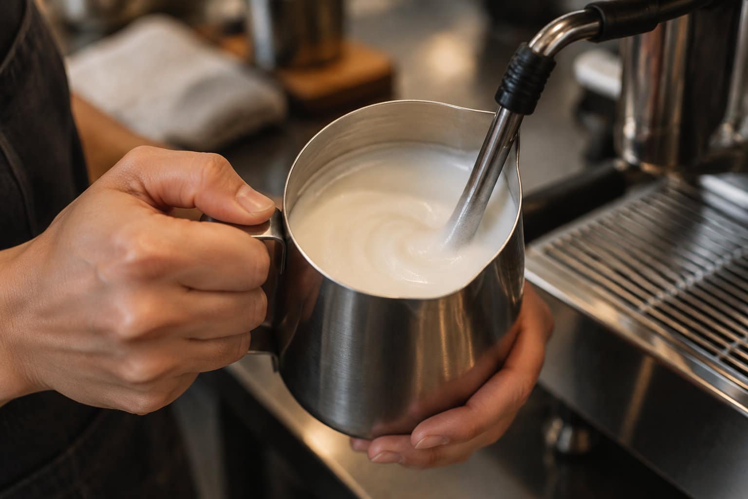 Une personne tient un pichet m&eacute;tallique rempli de lait pendant qu&rsquo;elle le fait mousser avec la buse vapeur d&rsquo;une machine &agrave; caf&eacute;.