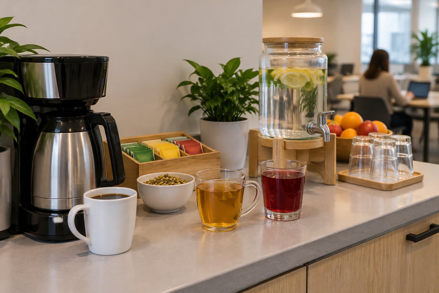 Un coin boissons dans un espace de travail comprend une cafeti&egrave;re, des sachets de th&eacute;, des tasses et une bonbonne d&rsquo;eau citronn&eacute;e.