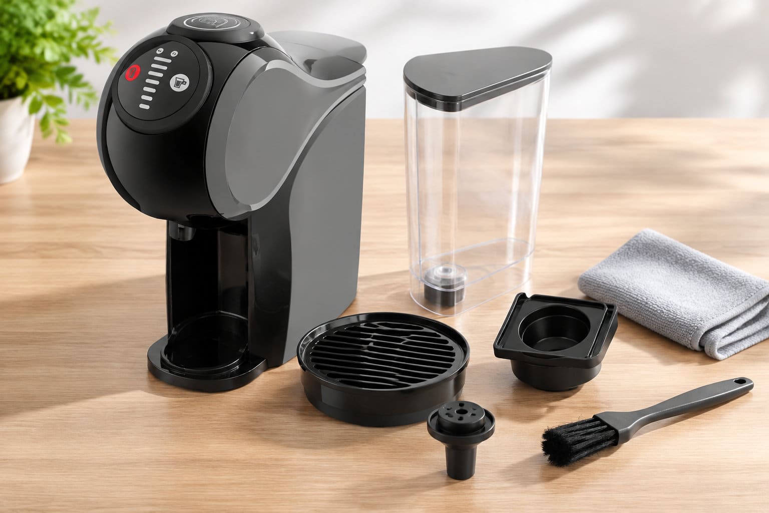 Une machine à café noire est posée sur un comptoir en bois, entourée de son réservoir, de pièces amovibles, d’une brosse et d’un chiffon.