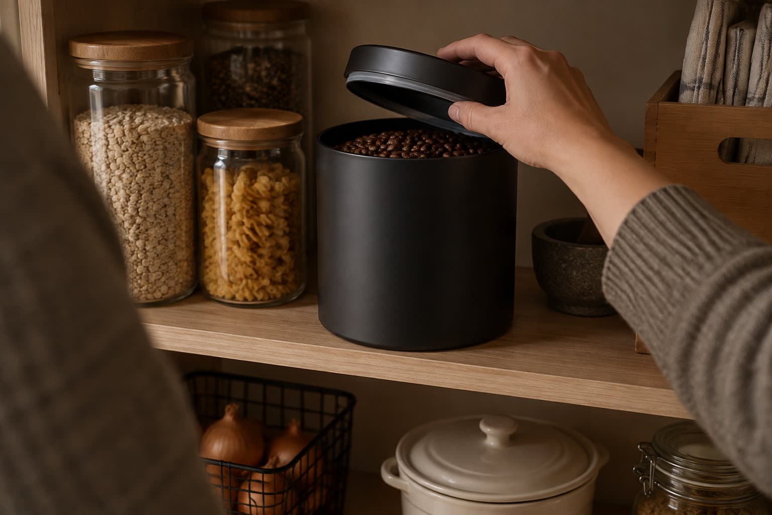 Une main soul&egrave;ve le couvercle d&rsquo;un grand r&eacute;cipient noir rempli de grains, pos&eacute; sur une &eacute;tag&egrave;re avec des bocaux alimentaires et des ustensiles de cuisine.