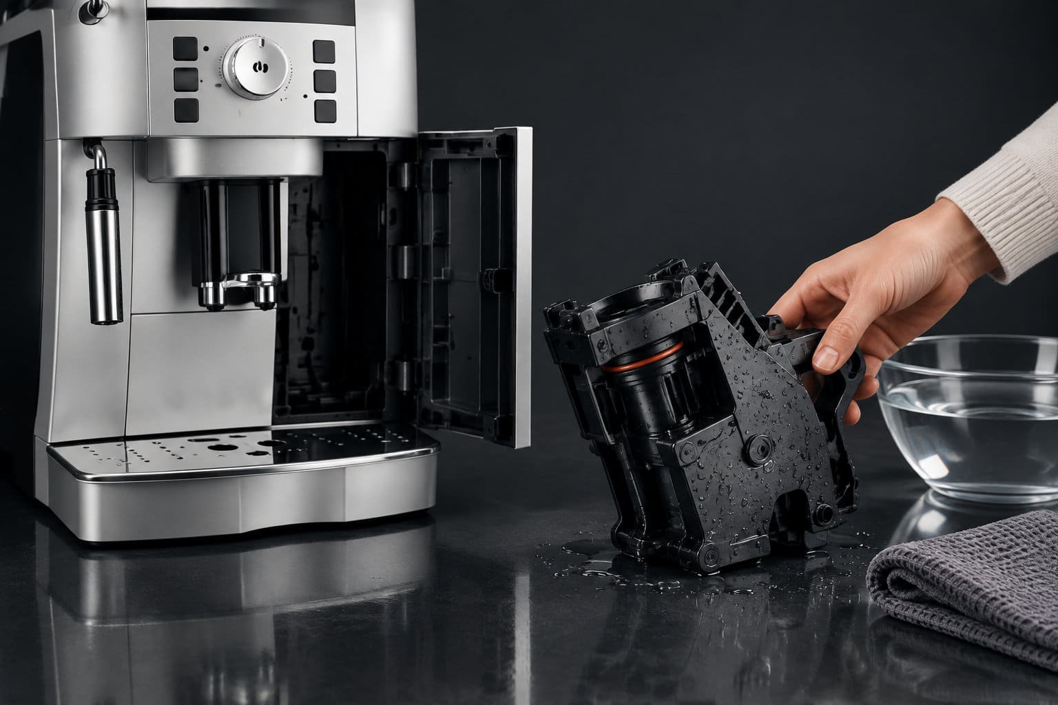 Une main retire le bloc d&rsquo;infusion mouill&eacute; d&rsquo;une machine &agrave; caf&eacute; ouverte, pr&egrave;s d&rsquo;un bol d&rsquo;eau et d&rsquo;un chiffon.