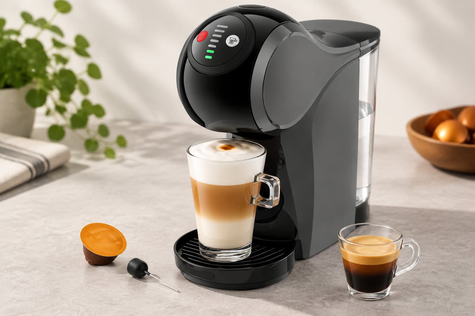Une machine à café noire prépare une boisson lactée dans un verre, avec une capsule, une petite pipette et une tasse d’espresso posées sur le comptoir.