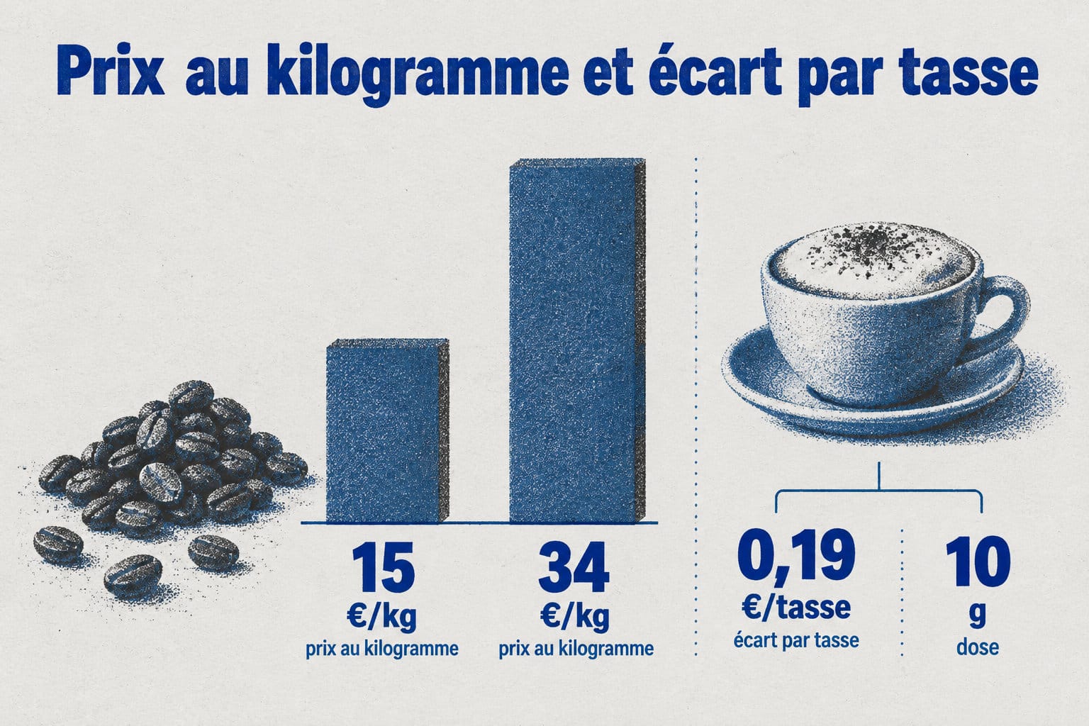 Les caf&eacute;s co&ucirc;tent de 15 &agrave; 34&nbsp;&euro;/kg&nbsp;; avec une dose de 10&nbsp;g, l&rsquo;&eacute;cart est d&rsquo;environ 0,19&nbsp;&euro;/tasse.