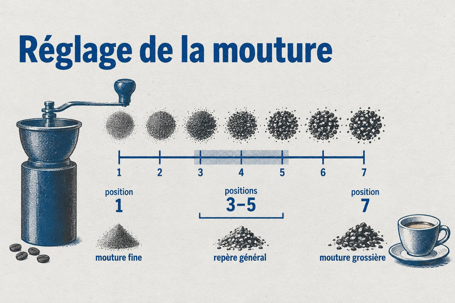 L’échelle de broyage va de la position 1, mouture fine, à la position 7, mouture grossière ; les positions 3 à 5 servent de repère général.