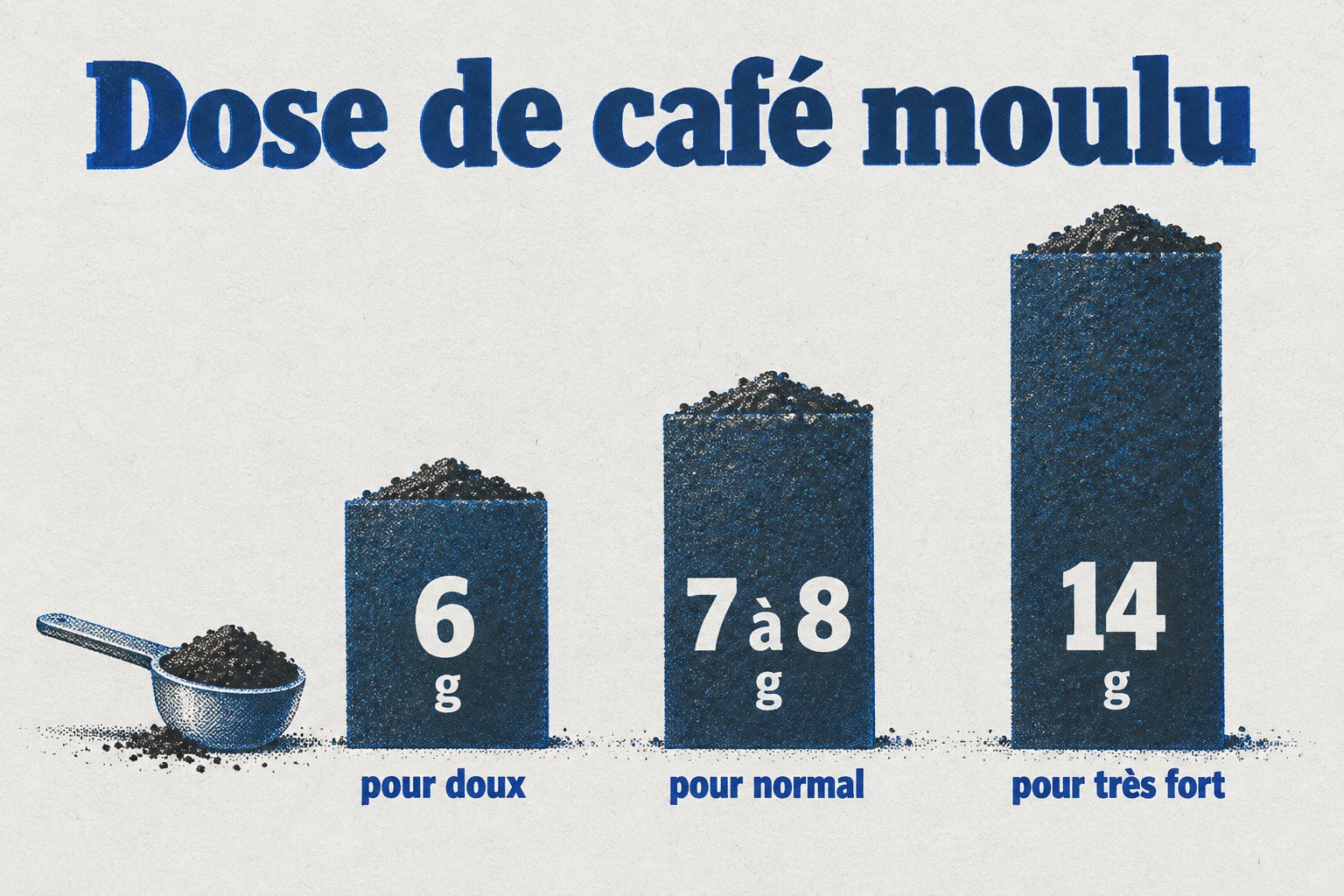 Les doses indiquées sont de 6 g pour doux, de 7 à 8 g pour normal et de 14 g pour très fort.
