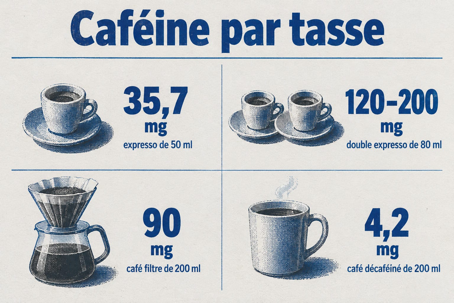 Un expresso de 50 ml contient 35,7 mg de caf&eacute;ine, un double expresso de 80 ml en contient de 120 &agrave; 200 mg, un caf&eacute; filtre de 200 ml environ 90 mg et un d&eacute;caf&eacute;in&eacute; de 200 ml environ 4,2 mg.