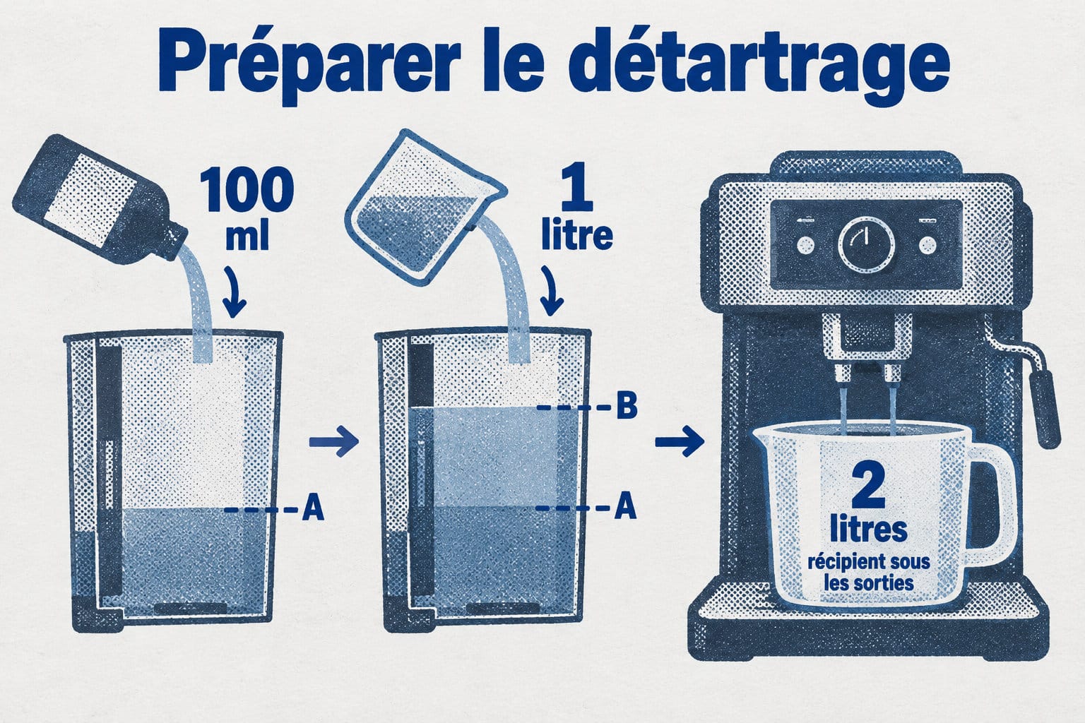 Pour d&eacute;tartrer, versez 100 ml de d&eacute;tartrant jusqu&rsquo;au rep&egrave;re A, ajoutez 1 litre d&rsquo;eau jusqu&rsquo;au rep&egrave;re B et placez un r&eacute;cipient de 2 litres sous les sorties.