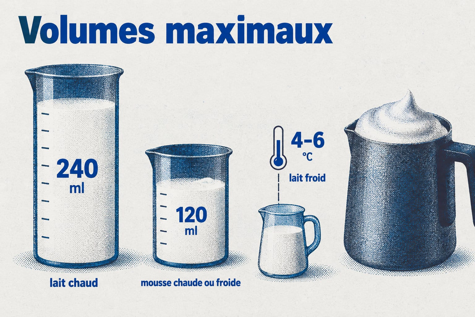L&rsquo;Aeroccino peut contenir au maximum 240 ml de lait chaud ou 120 ml de mousse chaude ou froide ; le lait froid doit &ecirc;tre &agrave; 4&ndash;6 &deg;C.